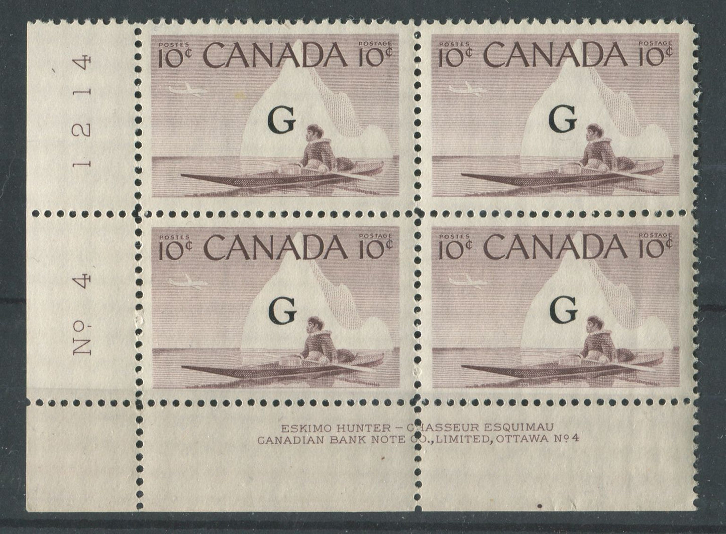 Canada #O39a (SG#O206a) 10c Inuk & Kayak 1954-62 Wilding Issue Plate 4 LL Flying G Overprint DF Iv. Smooth Paper VF-75 NH Brixton Chrome 