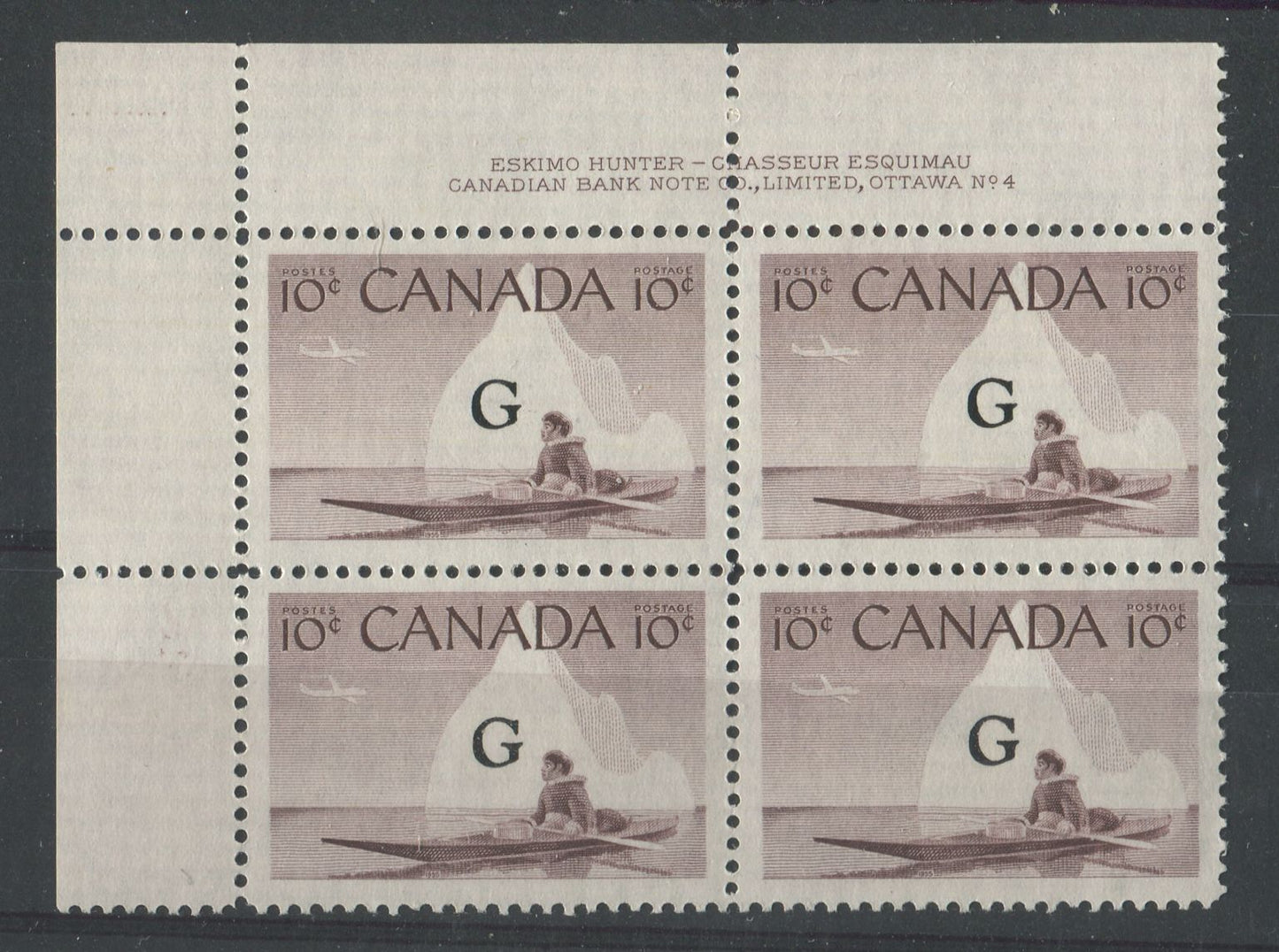 Canada #O39a (SG#O206a) 10c Inuk & Kayak 1954-62 Wilding Issue Plate 4 UL Flying G DF Iv Smooth Paper VF-75 NH Brixton Chrome 