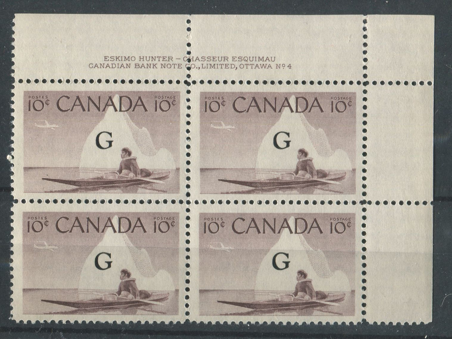 Canada #O39a (SG#O206a) 10c Inuk & Kayak 1954-62 Wilding Issue Plate 4 UR Flying G DF Iv Smooth Paper VF-75 NH Brixton Chrome 