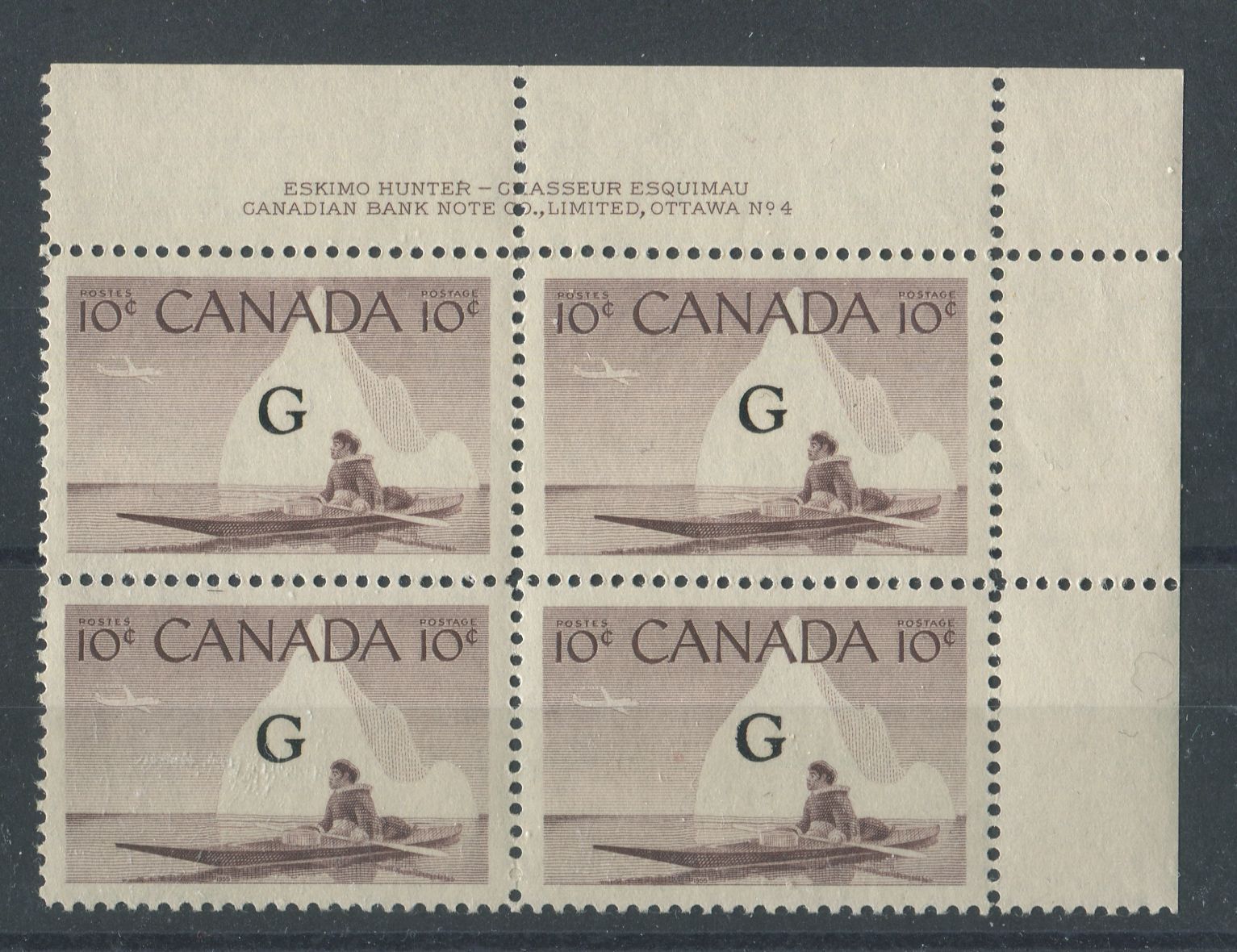 Canada #O39a (SG#O206a) 10c Inuk & Kayak 1954-62 Wilding Issue Plate 4 UR Flying G DF Iv Smooth Paper VF-80 NH Brixton Chrome 