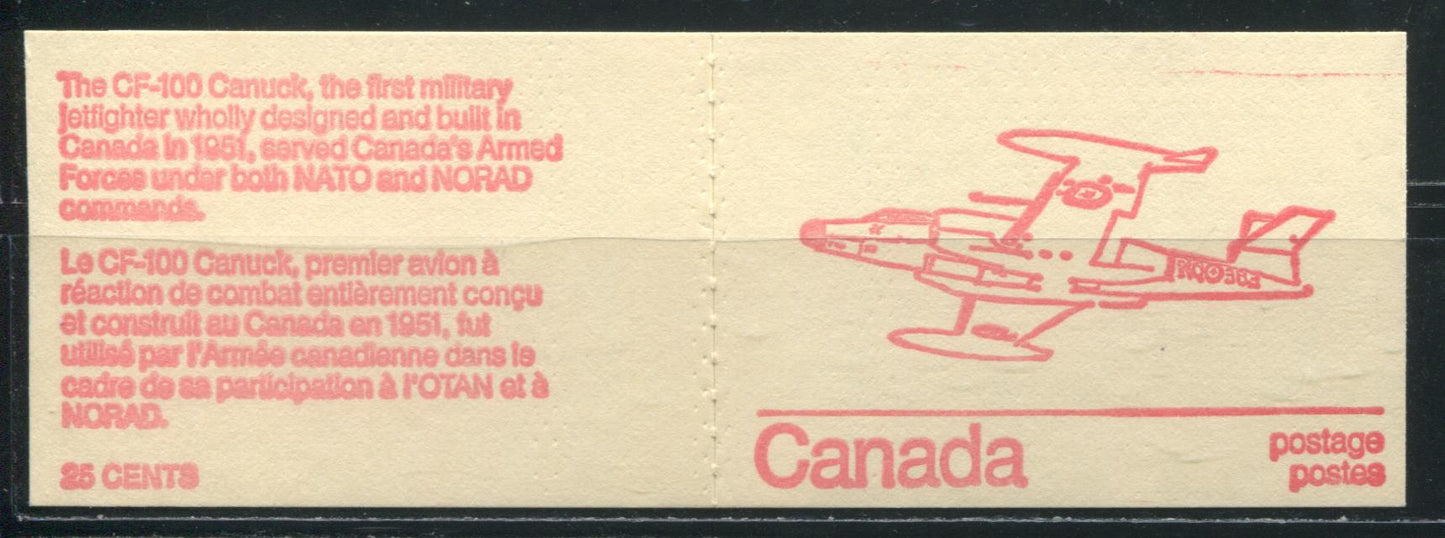 Lot 3 Canada  McCann #74bvar 1972-1978 Caricature Issue A complete 25c Counter Booklet, NF CF-100 Canuck Cover, Clear Sealer, NF 70 mm Pane, Re-Entry In "Postage" on 6c and Extra Tag Bar on Right Stamps
