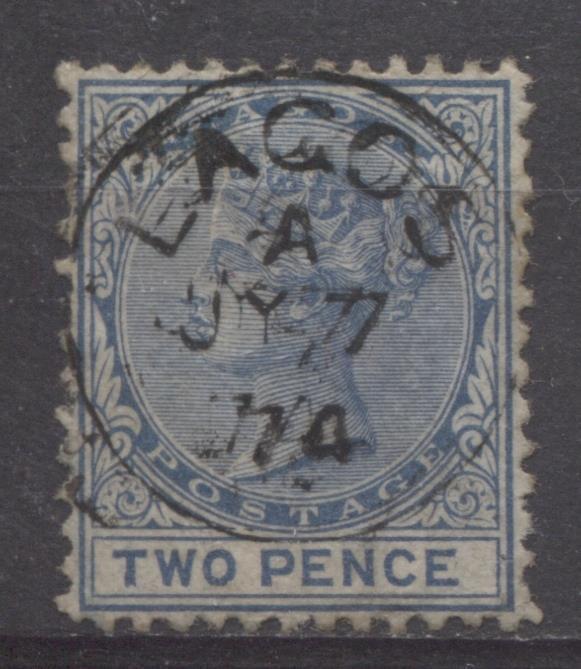 Lagos SG#2 2d Blue First Printing Crown CC Watermark Perf. 12.5 July 7, 1874 VF-82 Used Brixton Chrome 