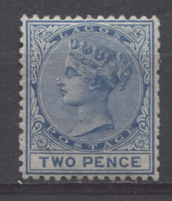 Lot 120 Lagos SG#2 2d Deep Blue & Deep Prussian Blue Queen Victoria 1874-1876 Perf. 12.5 Crown CC Keyplate Issue, A VFOG Example, 2,520 Issued, SG Cat. 80 GBP = Approximately $136 For Fine OG, Est. $125
