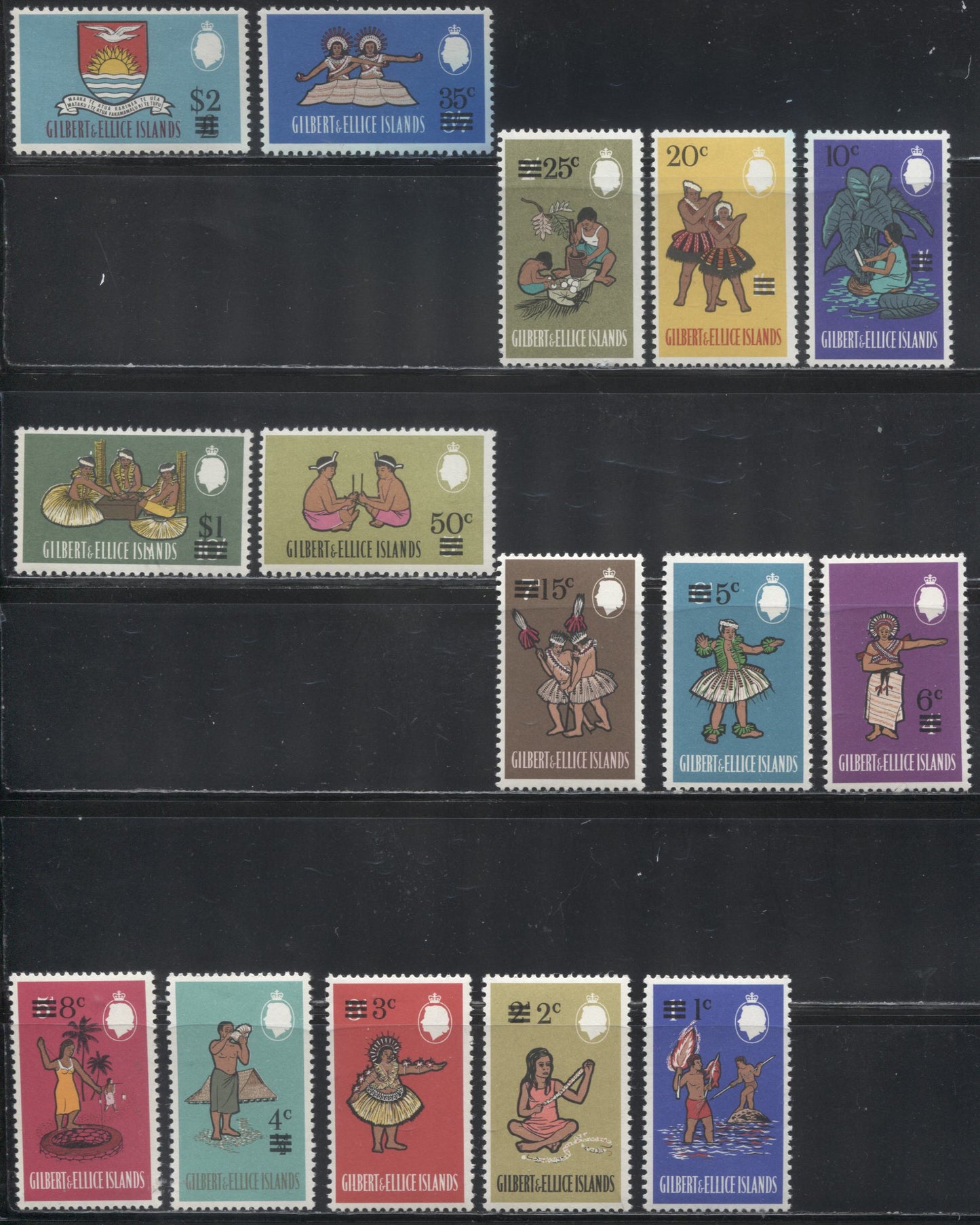 Lot 92 Gilbert & Ellice Islands SG #89-103, 110-124, 135-149 1965-1968 Pictorial Definitive Issue Mostly VFNH Complete Sets of the Pre-Decimal, Surcharged and Decimal Currency Issues