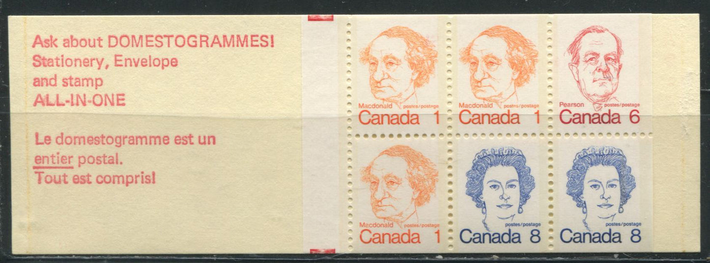 Lot 10 Canada  McCann #74gvar 1972-1978 Caricature Issue A complete 25c Booklet, NF Burgess Dunne Cover, Clear Sealer, DF 70 mm Pane, Broken Tiara, Extended D's on 8c Stamps and Toussled Hair on 6c
