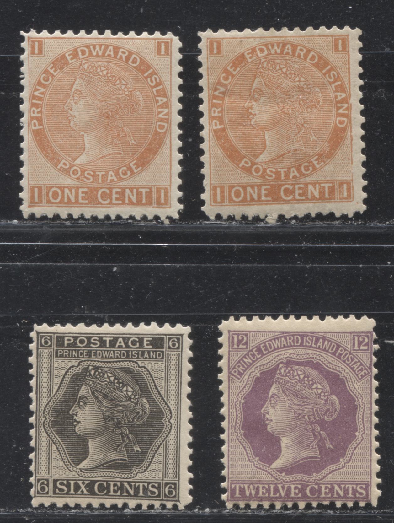 Lot 10 PEI #11,15,16 1c, 6c & 12c Brown Orange, Black & Violet Queen Victoria, 1872-1873 Cents Issue, 4 Fine OG Singles, Perfs 12 x 11.75, 11.75 & 12.25