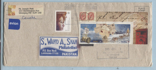 Lot 10 Canada #2468-2469, 2645 2011 Mail Delivery & 2013 Big Brothers Issue, a Combination Usage on Shortpaid 2013 Airmail Cover to Pakistan