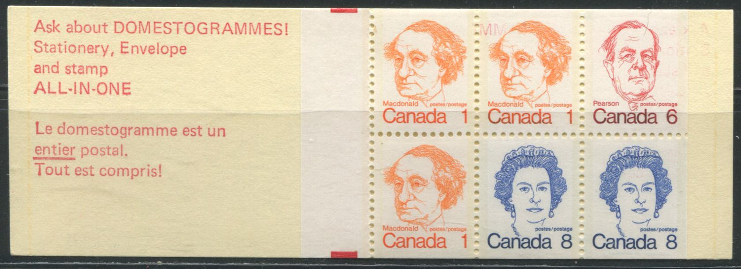 Lot 1 Canada  McCann #74avar 1972-1978 Caricature Issue A complete 25c Booklet, NF Gibson Twin Cover, Clear Sealer, Dead 70 mm Pane, Re-Entry In "Postage" on 6c