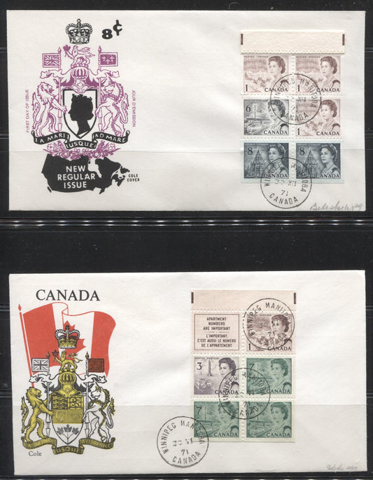 Lot #1 Canada #543a, 544ai 1c Purple Brown Nothern Lights and Dogsled Team, 1967-1973 Centennial Issue, Two First Day Covers Bearing Complete Booklet Panes on DF and LF Papers