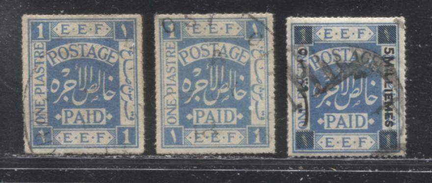 Lot 1 Palestine SG#3-4 1p and 5m on 1p Ultramarine "Postage Paid" and "E.E.F" in Frame, 1918 Second Lithographed Issue, Three VF Used Singles, Rouletted 20, Royal Cypher Watermark