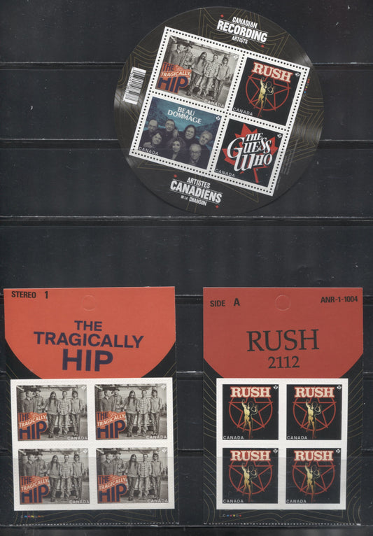 Lot 101 Canada #2655-2657 2013 Recording Artists Issue, A VFNH Souvenir Sheet and Booklet Panes of 4 of the Tragically Hip and Rush on LF TRC Paper