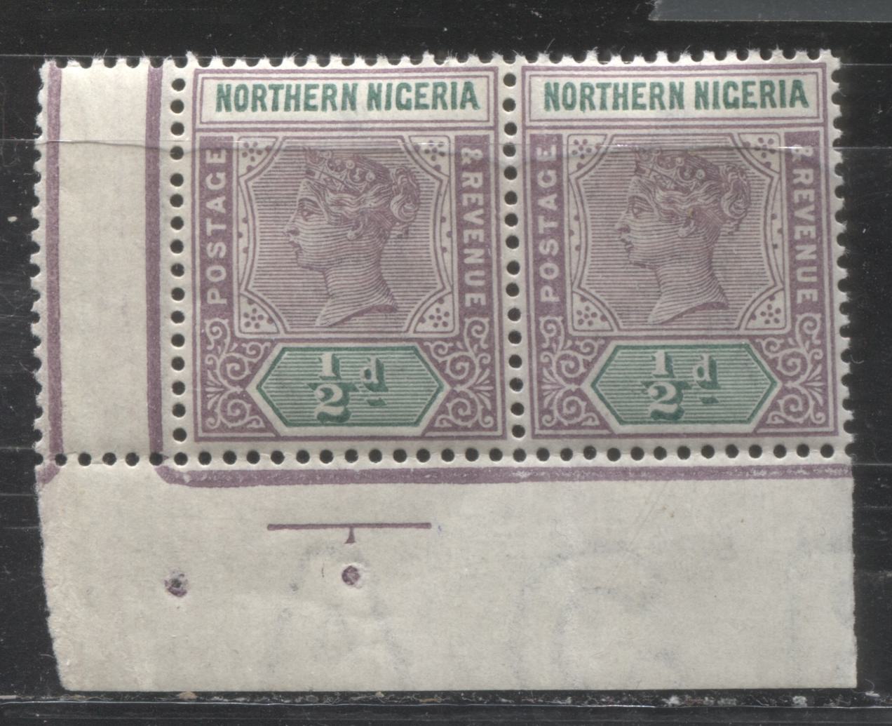 Lot 101 Northern Nigeria SG#1 1/2d Slate Lilac & Green and Pale Slate Lilac & Green Queen Victoria 1900-1902 Imperium Keyplate Issue, A VFNH Lower Left Margin Corner Pair, 113,640 Issued, SG Cat. 15 GBP = Approximately $25.5 For Fine OG, Est. $45