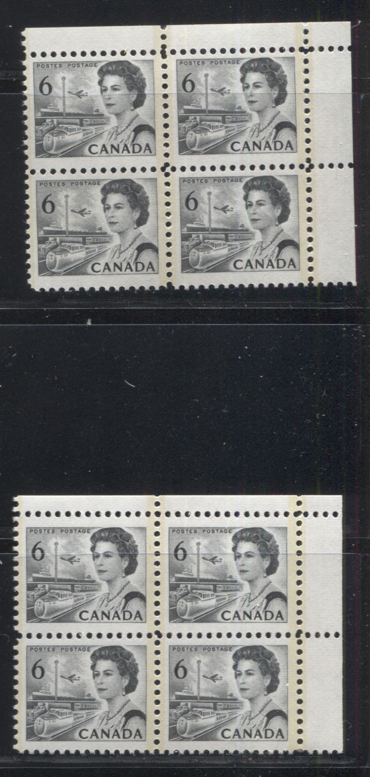 Lot 101 Canada #460fpiv 6c Black Queen Elizabeth II, 1967-1973 Centennial Issue, Two VFNH UR 3mm GT2 Tagged Blocks of 4 On LF Ribbed Horizontal Paper With Satin PVA Gum, Die 1a