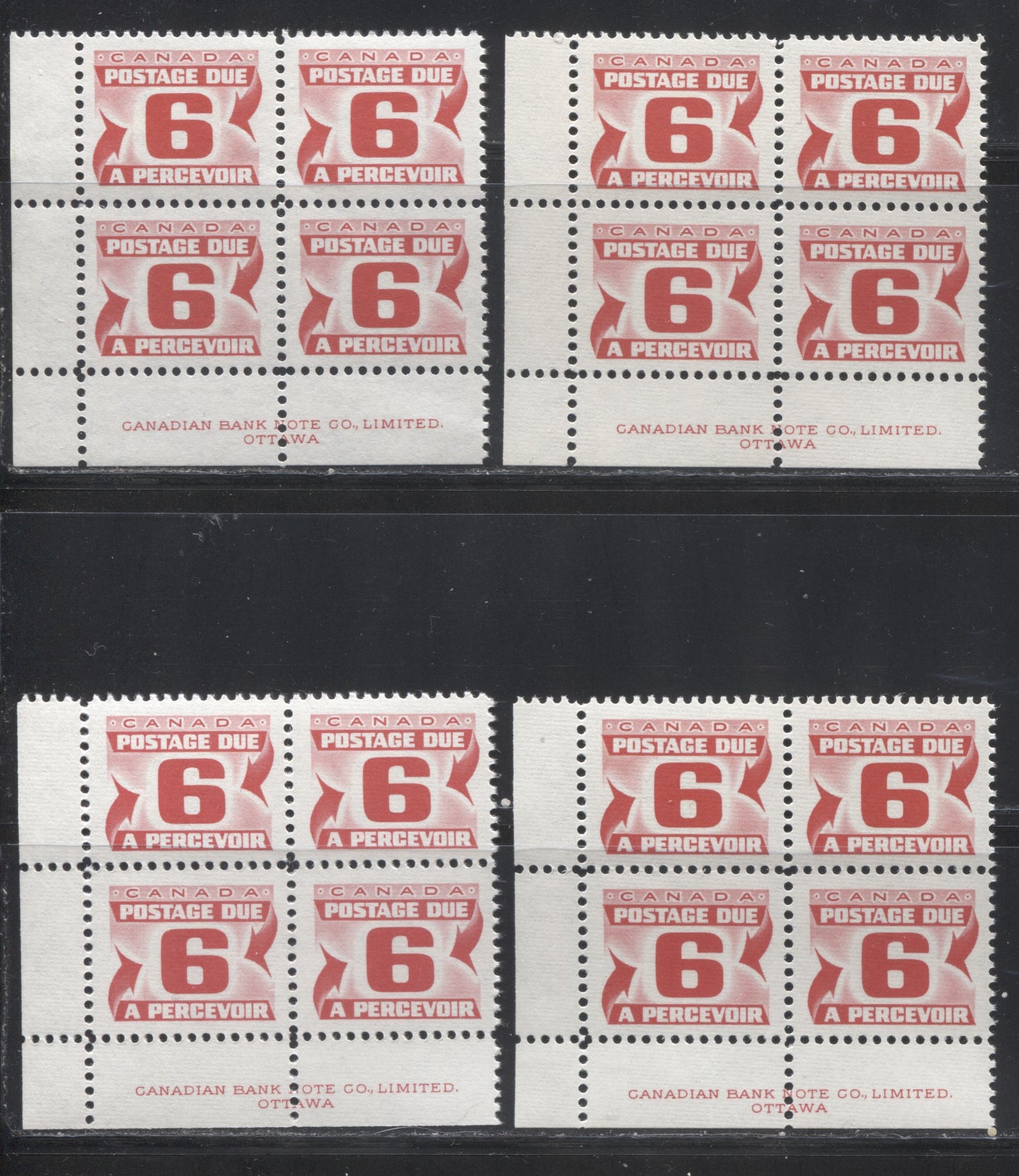 Lot 102 Canada #J33,i,iii 6c Carmine Rose 1973-1977, 3rd Centennial Postage Due Issue, Four VFNH LL Inscription Blocks Of 4 On LF-fl & DF Ivory, Bluish & Bluish White Ribbed Papers With PVA Gum, Perf 12
