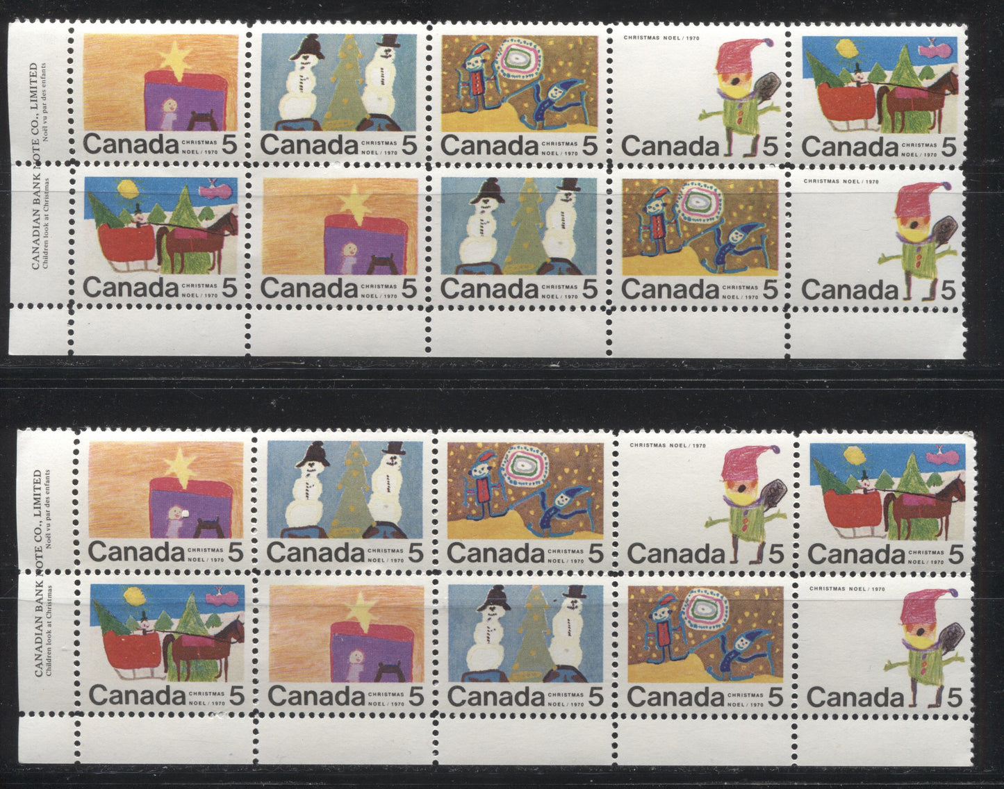 Lot 102 Canada #519-523 5c Multicoloured 1970 Christmas Issue, Two VFNH Lower Left Inscription Blocks of 10 on Smooth HB12 and HB11 Papers, Perfs 11.9 x 11.85 and 11.9 and One With Blue Arc Between "AD" of "Canada"