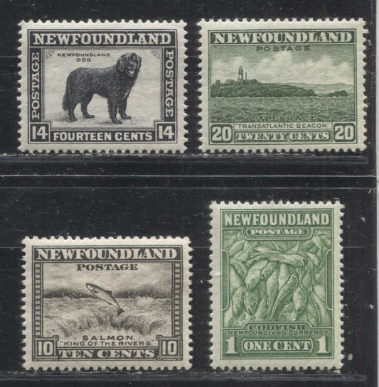 Lot 103 Newfoundland # 183/196 1c - 20c Green - Bronze Green Codfish - Cape Race, 1932-1937 First Resources Issue, Four VFNH Examples, Various Comb Perfs