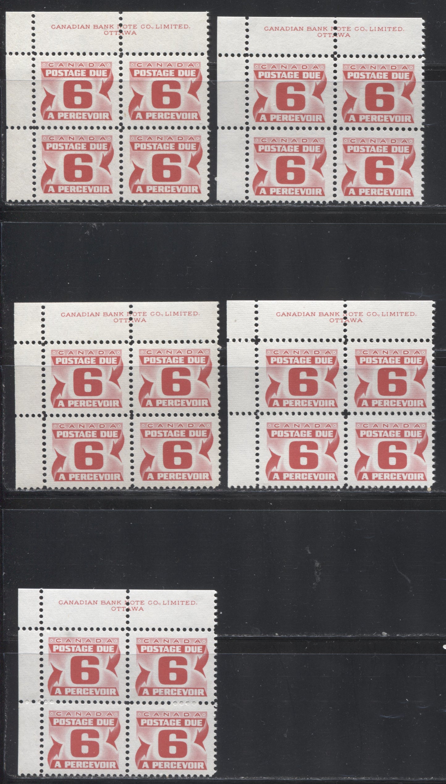 Lot 104 Canada #J33,i,iii 6c Carmine Rose 1973-1977, 3rd Centennial Postage Due Issue, Five VFNH UL Inscription Blocks Of 4 On DF & LF-fl Ivory, Bluish & Bluish White Smooth And Ribbed Papers With PVA Gum, Perf 12