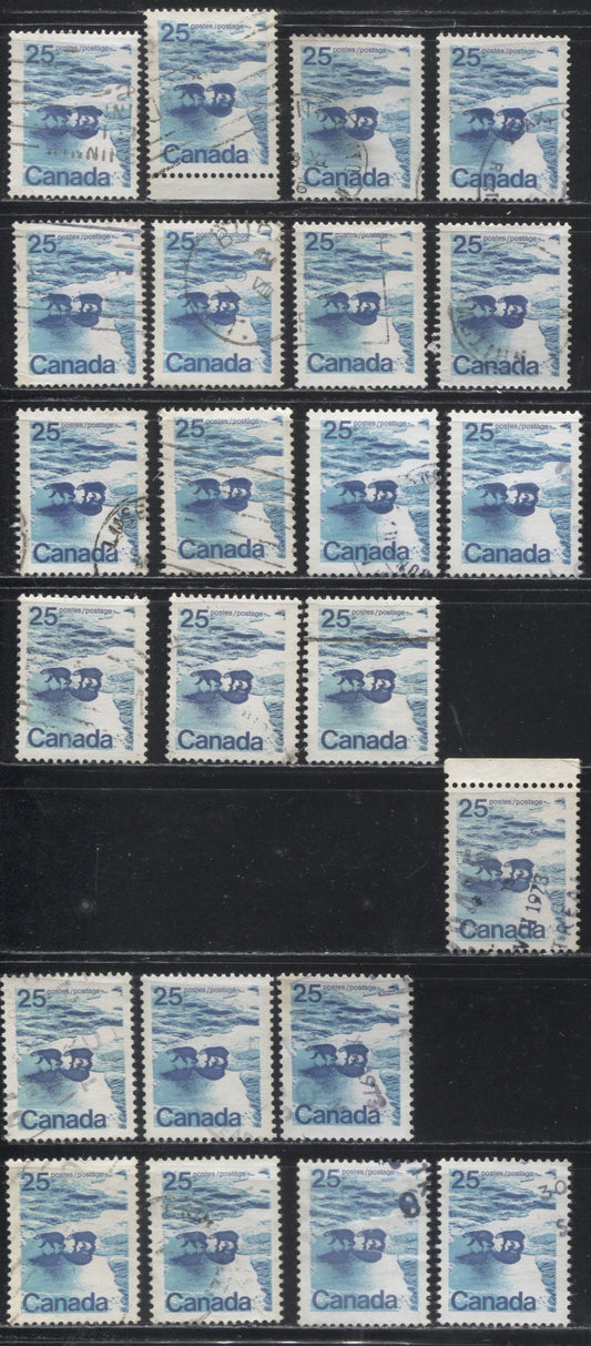 Lot 104 Canada  #597-aiii A Fine and VF Used Group of 23 Different Singles of the 25c Polar Bears from the 1972-1978 Caricature Issue, Types 1 and 2,  Perf. 12.5 x 12 and 13.3,  4 mm OP-2,  Vertical Ribbed and Smooth,  Various Fluorescent Papers