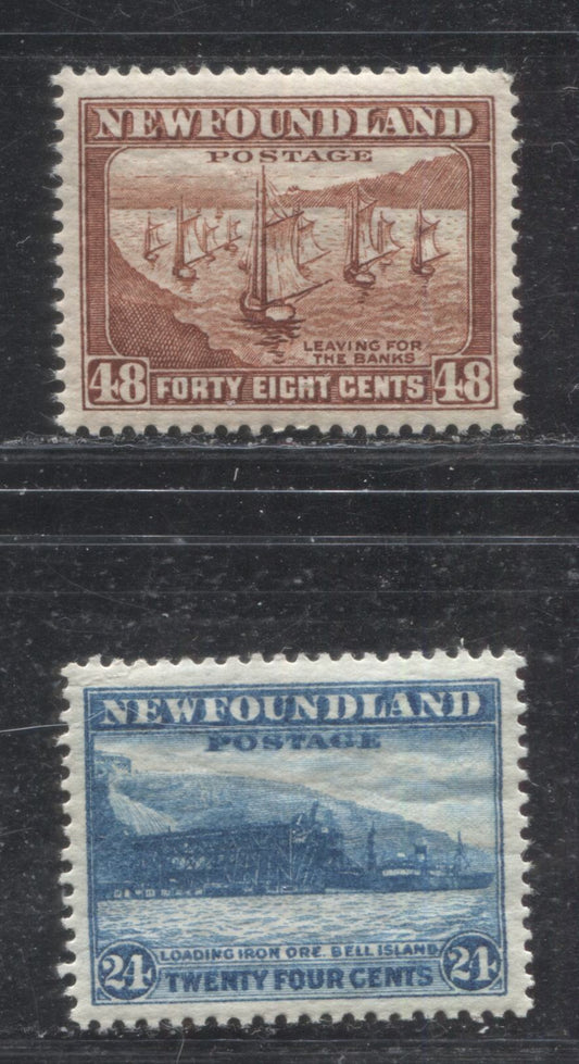 Lot 105 Newfoundland # 199, 210 24c & 48c Greenish Blue & Red Brown Bell Island & Leaving for the Banks, 1932-1937 First Resources Issue, Two VFNH Examples, Various Comb Perfs