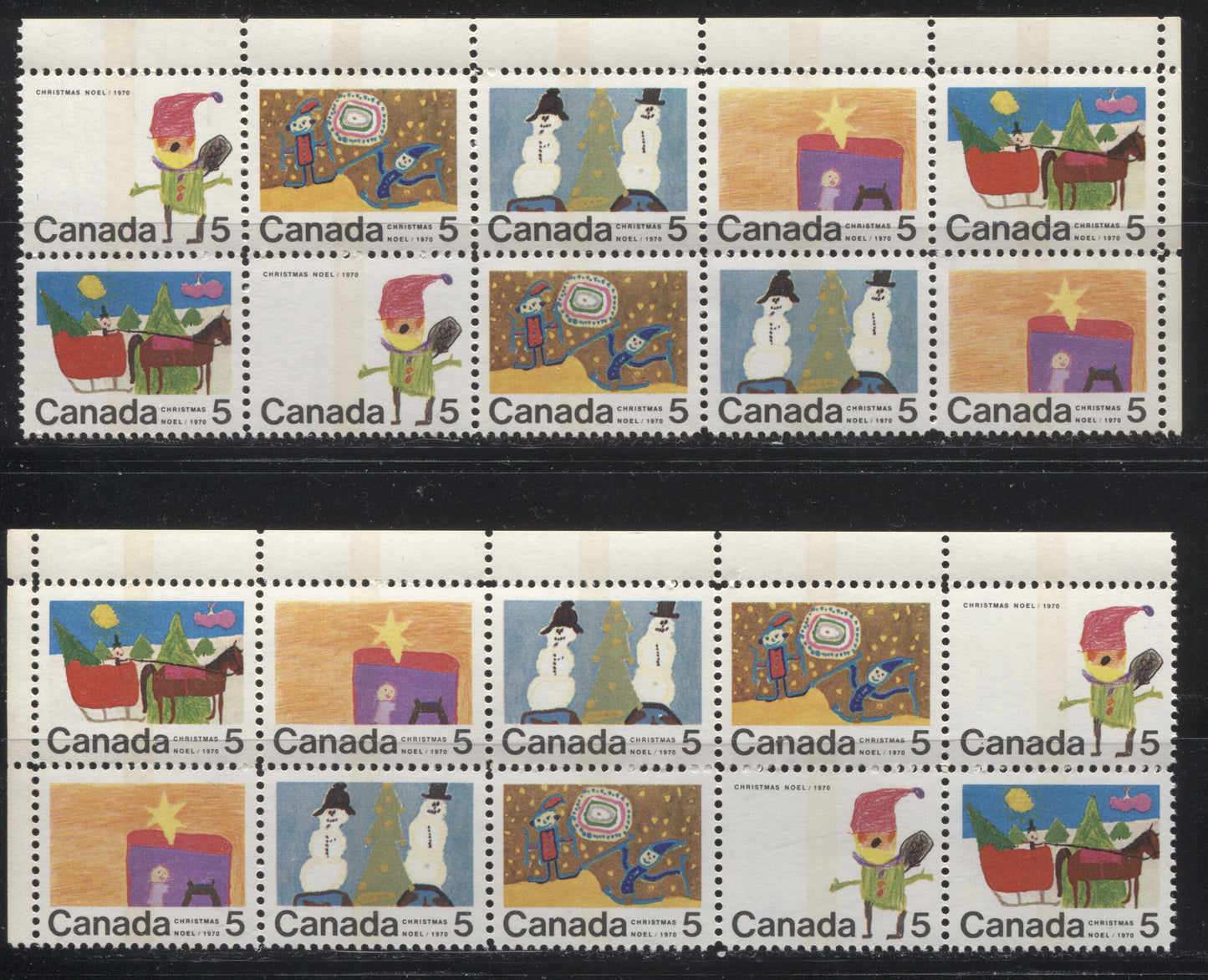 Lot 105 Canada #519p-523p 5c Multicoloured 1970 Christmas Issue, Two VFNH Upper Left and Upper Right Winnipeg Tagged Corner Blocks of 10 on Ribbed HB11, Perfs 11.95 x 11.9