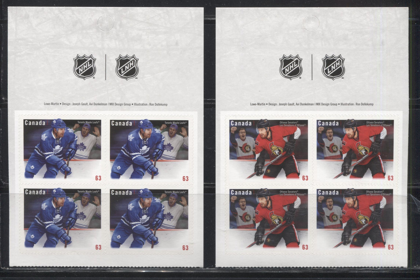 Lot 105 Canada #2673-2676 2013 Canadian NHL Team Jerseys Issue, VFNH Booklet Panes of 4 on LF TRC Paper