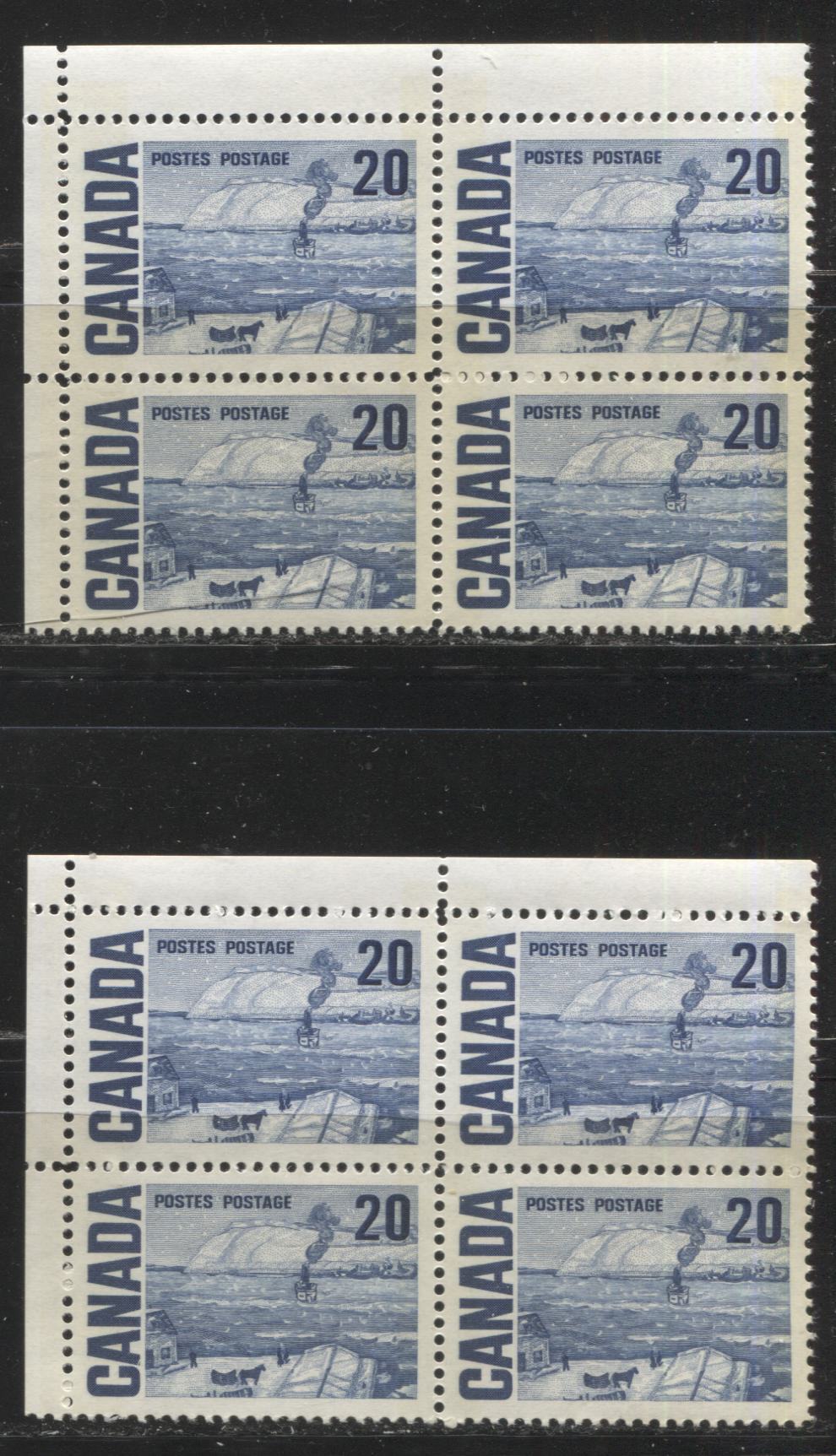 Lot 106 Canada #464pi 20c Dark Blue The Ferry, Quebec, 1967-1973 Centennial Definitive Issue, Two VFNH UL Tagged Field Stock Blocks of 4 On LF-fl Bluish White Horizontal Wove Paper With Satin PVA Gum, Light Tagging, Nearly Invisible