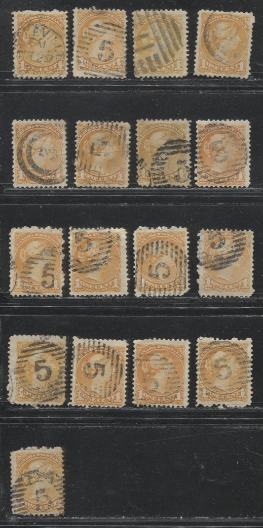 Lot 106 Canada #35a,v 1c Orange & Deep Red Orange Queen Victoria, 1870-1893 Small Queen Issue, 18 Generally Small Faults And VG Used Singles, First Ottawa & Montreal Printings With Postmarks, Including 2 Ring Numerals, Hamiltion 5's & Halifax