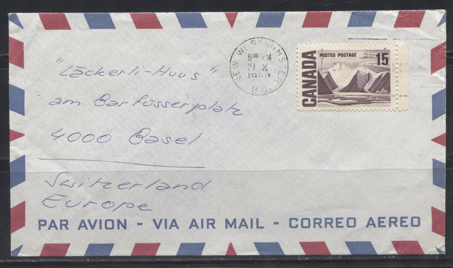 Lot 106 Canada #463vi 15c Dull Reddish Violet Greenland Mountains, 1967-1973 Centennial Definitive Issue, Single Usage of the DF Plastic Flow Variety on October 1969 Airmail Cover to Switzerland