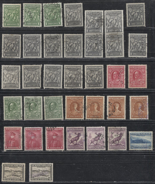 Lot 106 Newfoundland # 183/210 1c - 5c Green - Deep Reddish Lilac Codfish - Caribou, 1932-1937 First Resources Issue, 37 VF Used Examples, Various Comb Perfs, and Shades