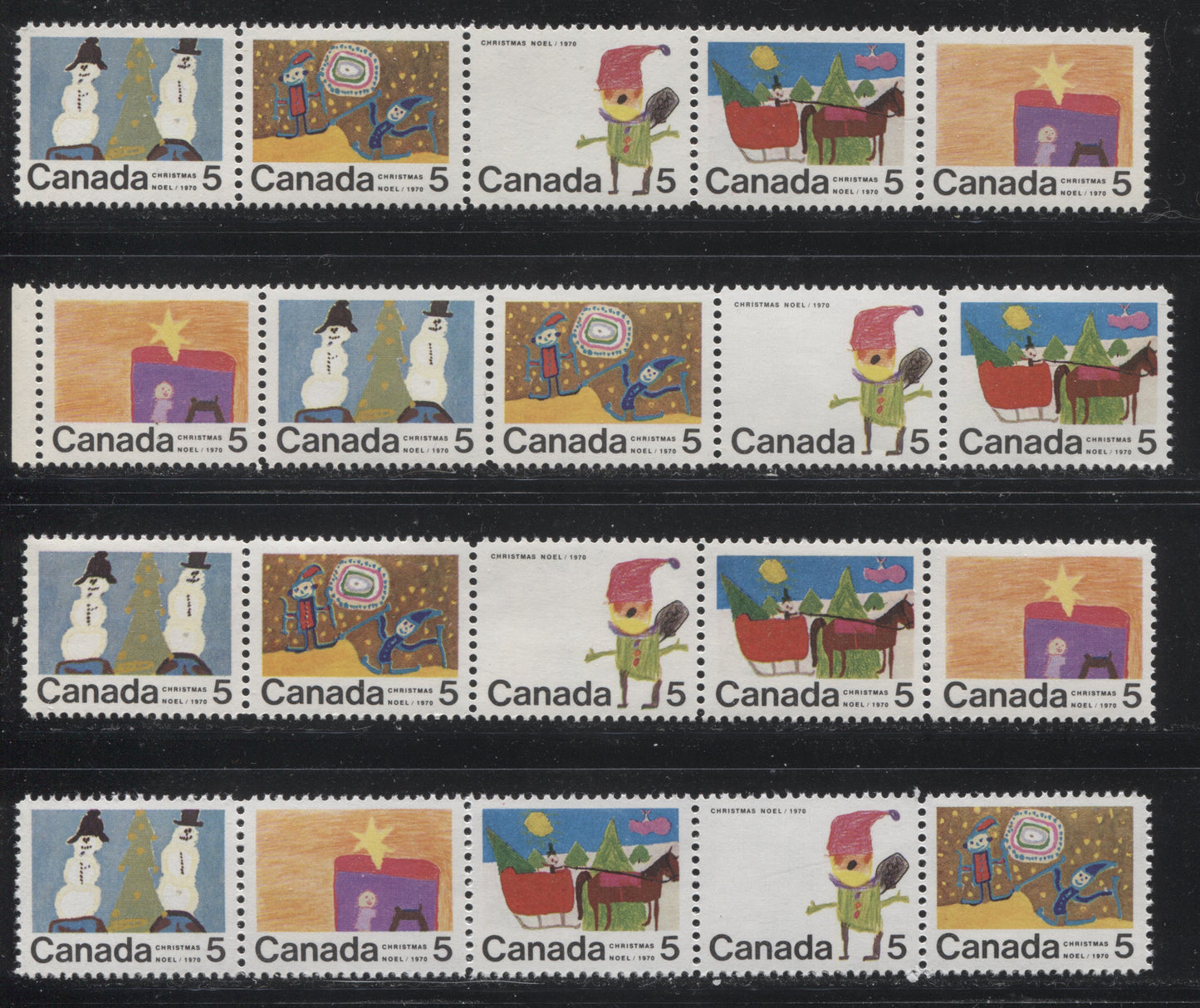 Lot 106 Canada #519-523 5c Multicoloured 1970 Christmas Issue, Four VFNH Se-Tenant Horizontal Strips of 5 on Smooth HB11, Ribbed HB11 and HB12 Papers, Perfs 11.9, and 11.9 x 11.95