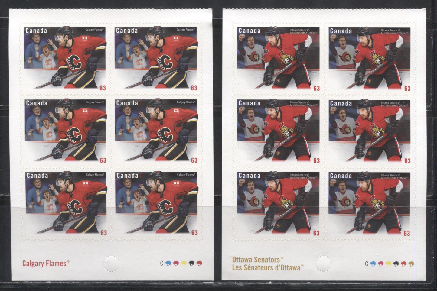 Lot 107 Canada #2673-2674 2013 Canadian NHL Team Jerseys Issue, VFNH Booklet Panes of 6 on LF TRC Paper