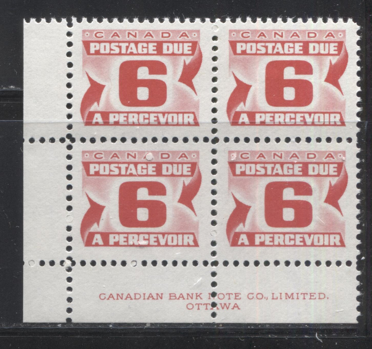 Lot 107 Canada #J33ii 6c Carmine Rose 1973-1977, 3rd Centennial Postage Due Issue, A VFNH LL Inscription Block Of 4 On HB Paper With PVA Gum, Perf 12