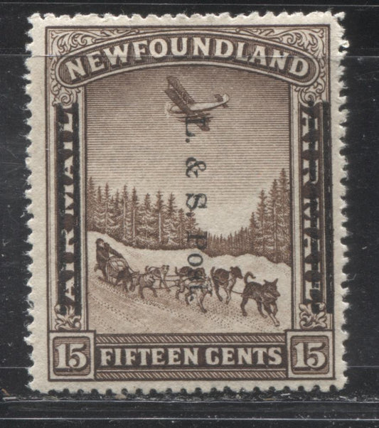 Lot 107 Newfoundland # 211 15c Dark Brown Plane and Dogsled Team, 1933 Land & Sea Post Overprinted Issue, A Fine OG Example, Line Perf. 13.9 x 13.8