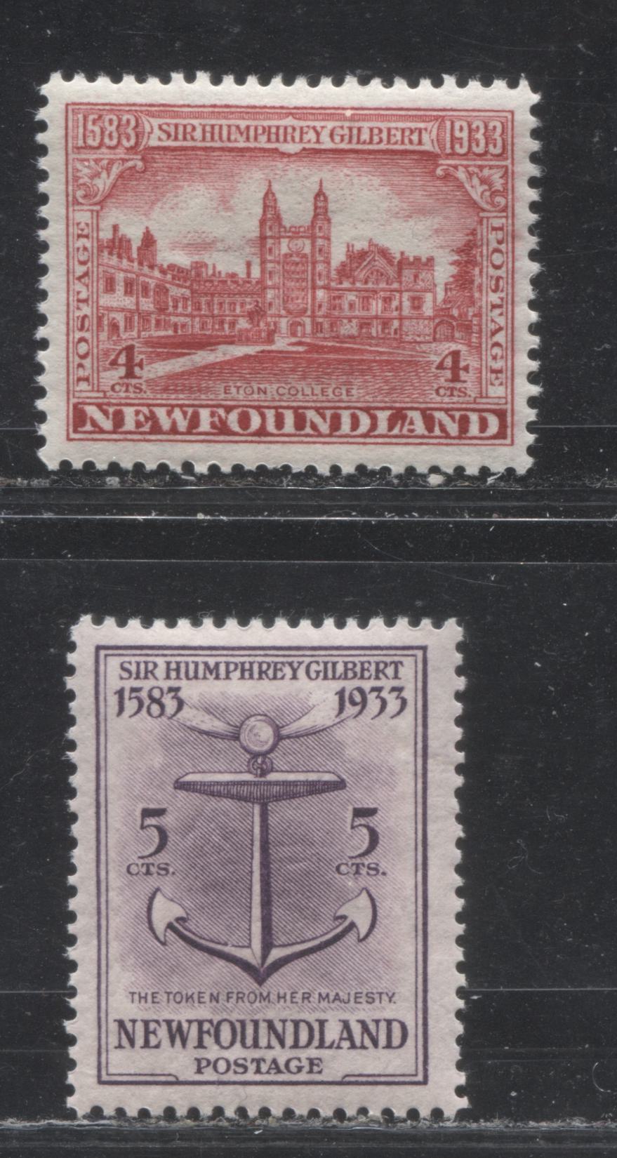 Lot 108 Newfoundland # 215-216 4c & 5c Rose Red & Deep Rose Lilac Eton College & Royal Token, 1933 Sir Humphrey Gilbert Issue, Two VFNH Examples, Various Comb Perfs