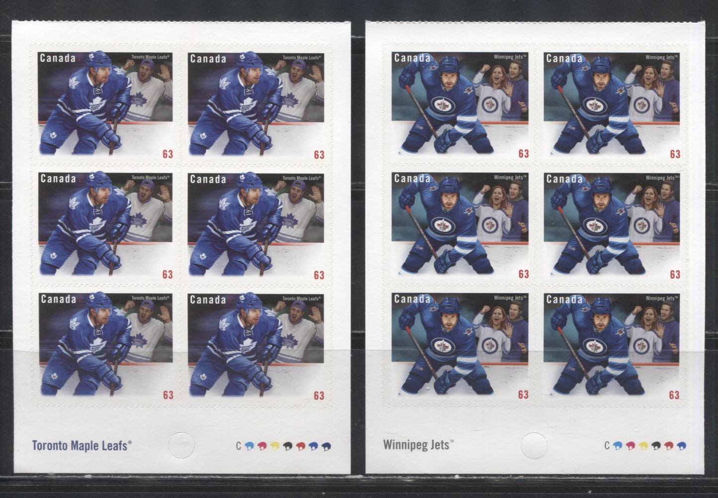 Lot 108 Canada #2675-2676 2013 Canadian NHL Team Jerseys Issue, VFNH Booklet Panes of 6 on LF TRC Paper