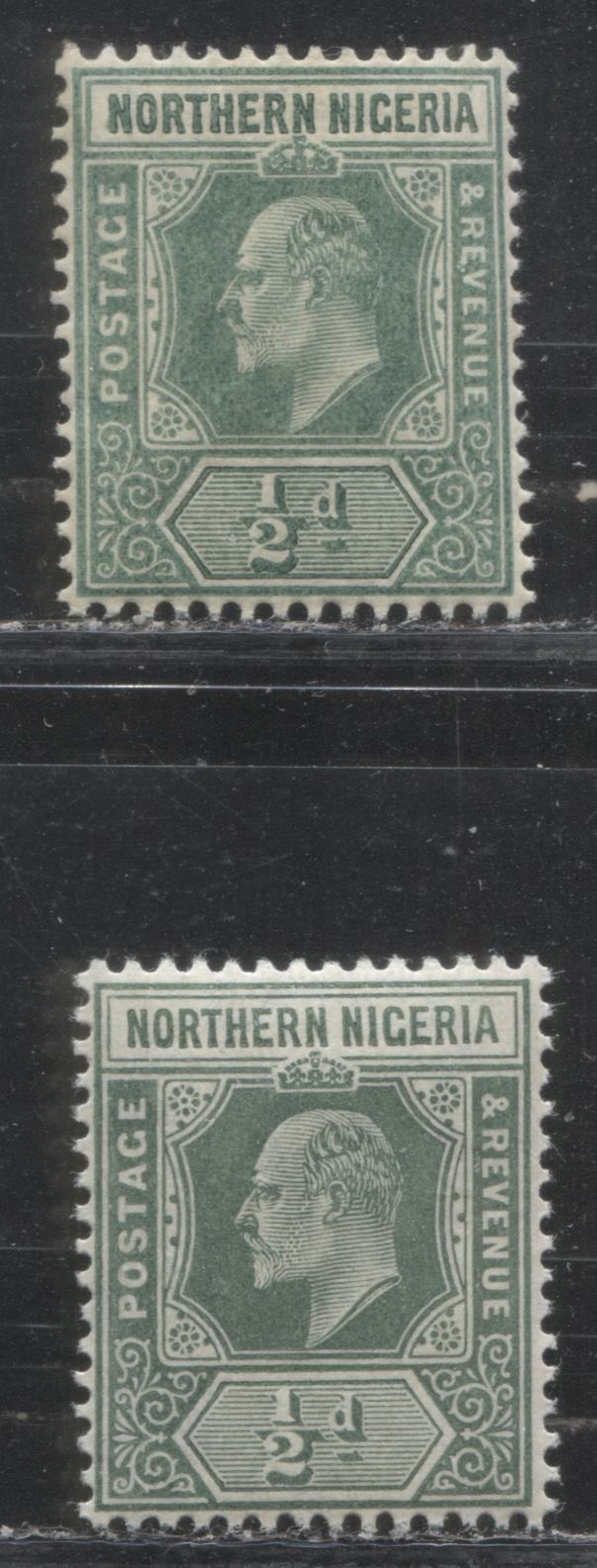 Lot 108 Northern Nigeria SG#28 1/2d Dull Green & Green and Deep Green King Edward VII 1909-1910 New Colours Imperium Keyplate Issue, Two VFNH Examples, On Ordinary Paper, 364,680 Issued, SG Cat. 4 GBP = Approximately $6.8 For Fine OG, Est. $12