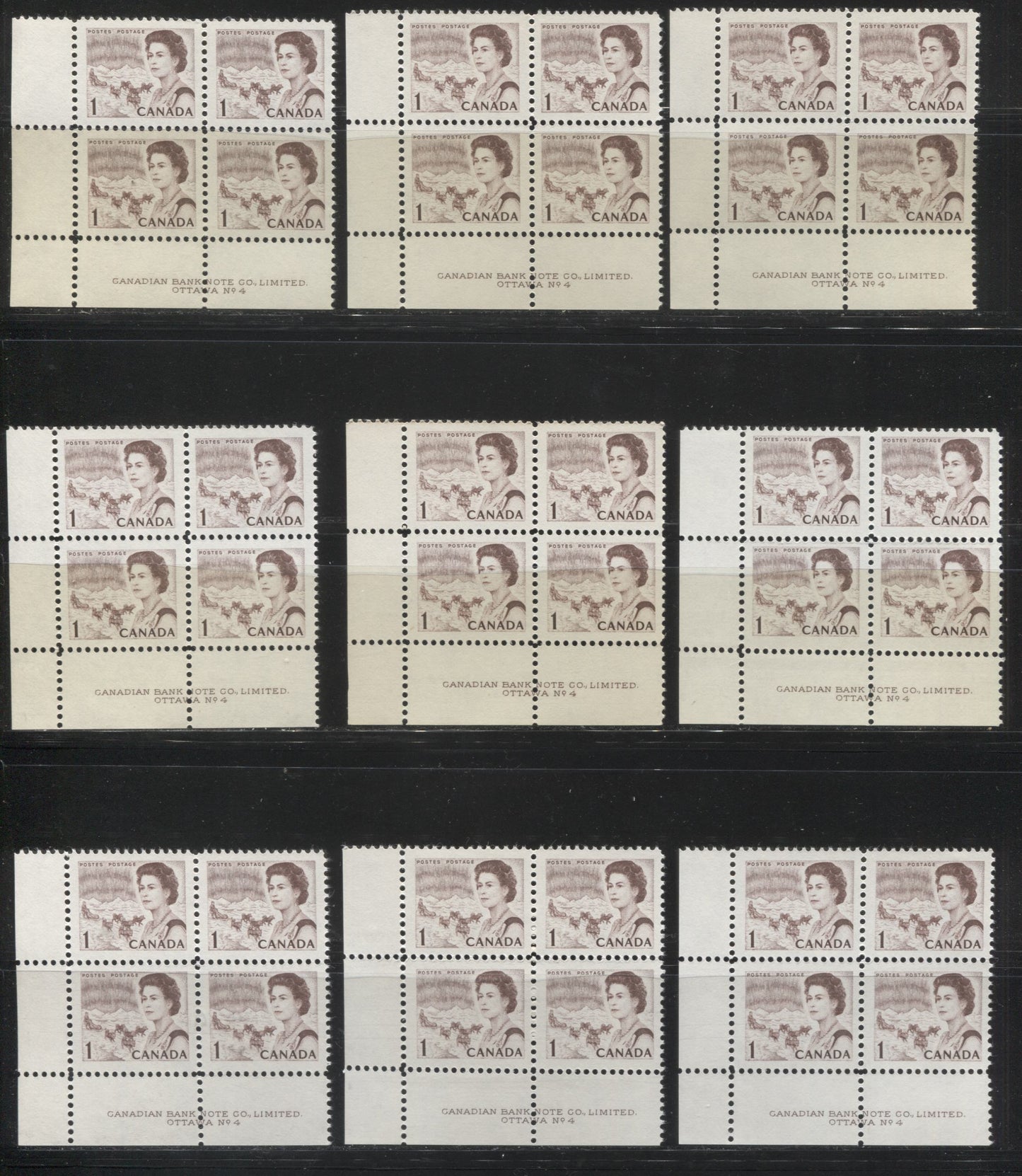 Lot #110 Canada #454 1c Brown & Violet Brown, Northern Lights and Dogsled Team, 1967-1973 Centennial Issue, A Specialized Lot of Plate 4 LL Blocks on DF and DF-fl Papers