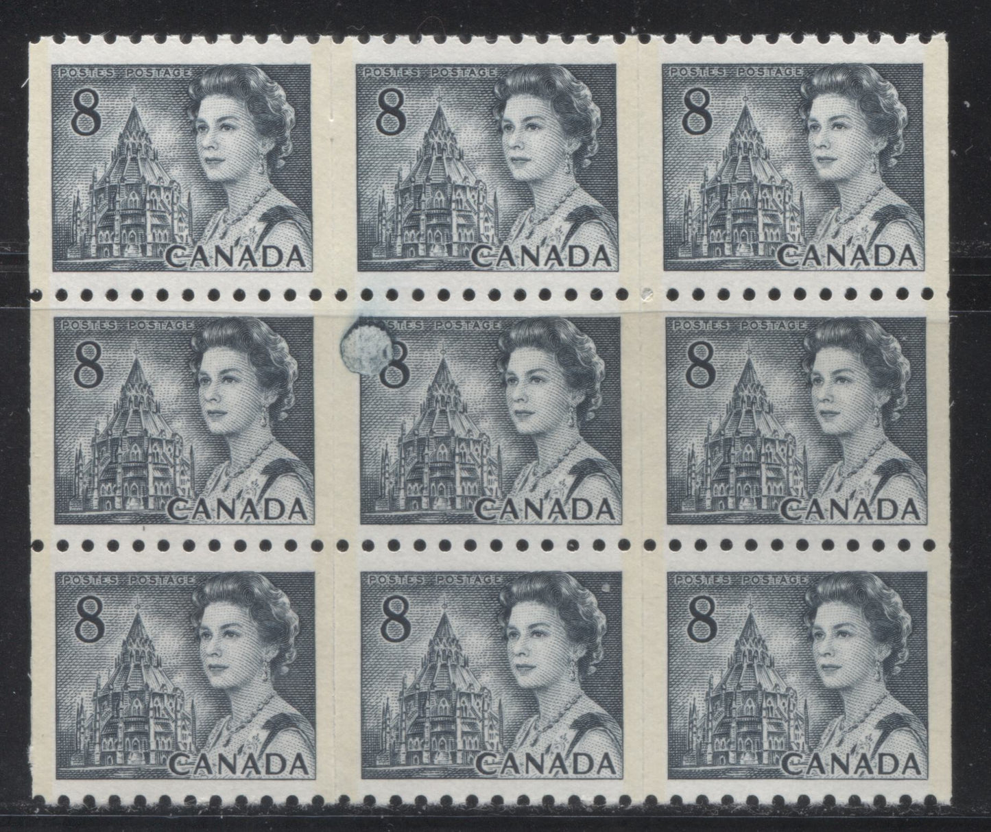 Lot 110 Canada #550pv 8c Slate Queen Elizabeth II, 1967-1973 Centennial Issue, A VFNH GT2 Tagged Coil  Block Of 9 On DF-fl Vertical Wove Paper, With PVA Gum And The Nail Head Variety, Fig 933 In Harris