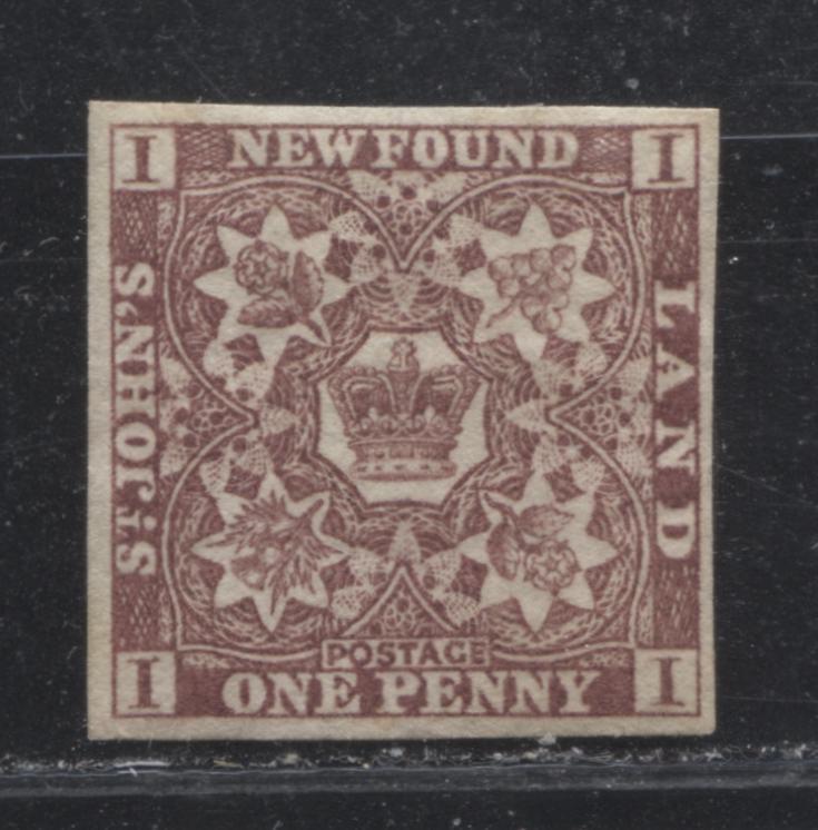 Lot 11 Newfoundland #1 1d Brown Violet Crown and Heraldic Flowers, 1857-1860 Pence Issue, A Very Fine Unused Imperforate Single, On Thick Soft Wove Paper With Mesh