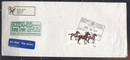 Lot 11 Canada #2525 2012 Joe Fafard Issue, a Single Usage of the $1.80 Booklet Stamp on Shortpaid 2012 Airmail Cover to Pakistan