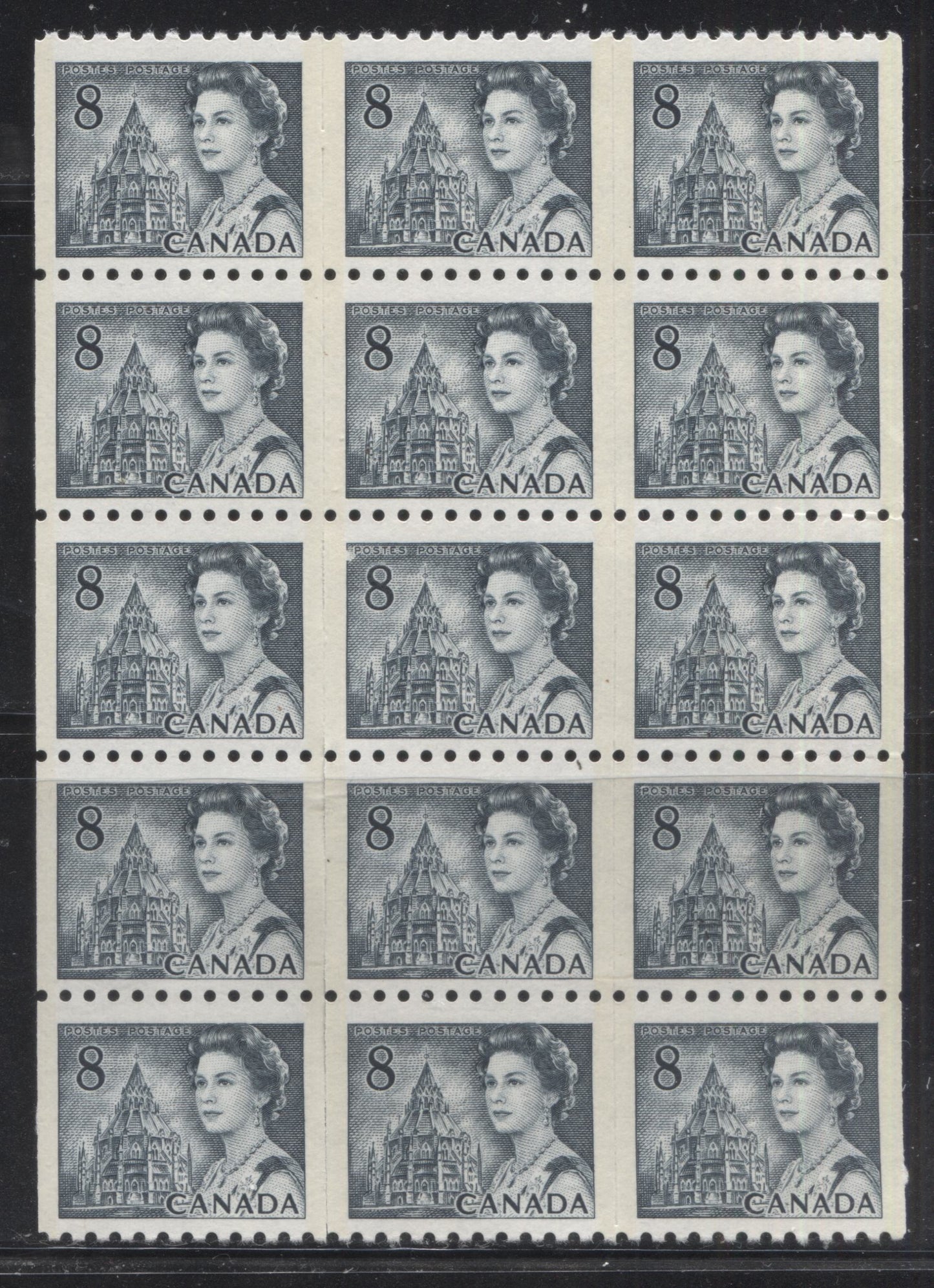 Lot 111 Canada #550pv 8c Slate Queen Elizabeth II, 1967-1973 Centennial Issue, A VFNH GT2 Tagged Coil  Block Of 15 On DF Grayish Paper, With PVA Gum, Portion of Design Missing on Center Stamp