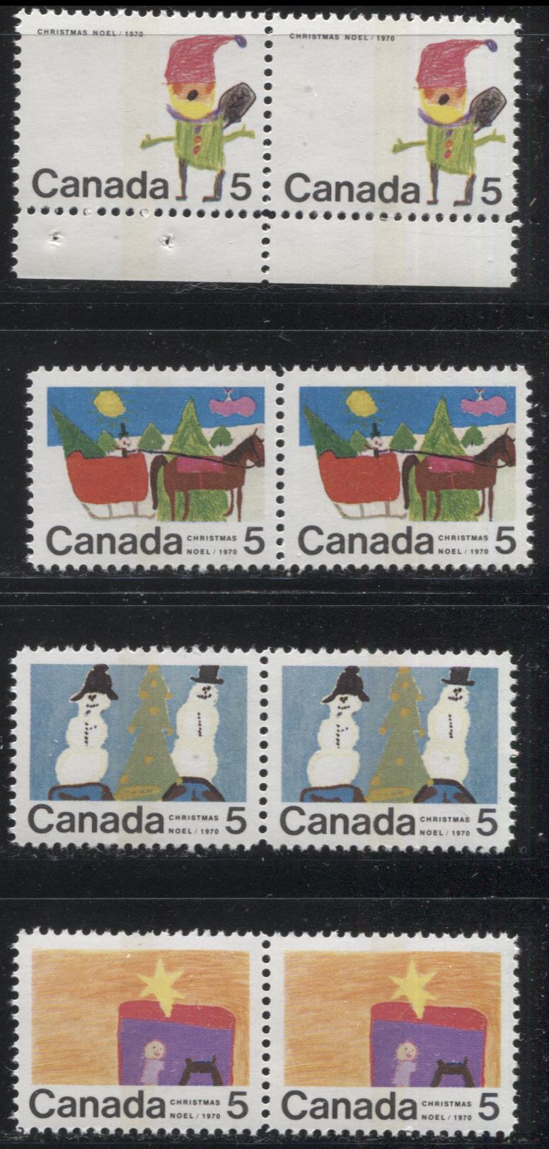 Lot 112 Canada #522i 5c Multicoloured Children Skiing, 1970 Christmas Issue, a VFNH Centre Block of 4 on HB11 Smooth Paper, With Dot Between "MA" of "Christmas" on LR Stamp, Perf. 11.9