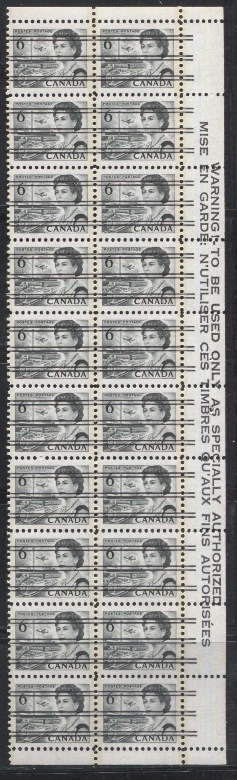 Lot 112 Canada #460fpxxii 6c Black Queen Elizabeth II, 1967-1973 Centennial Issue, A VFNH 3mm GT2 Right Precancelled Warning Strip Of 20 On MF Ribbed Paper With PVA Gum, Perf 12, Die 1a