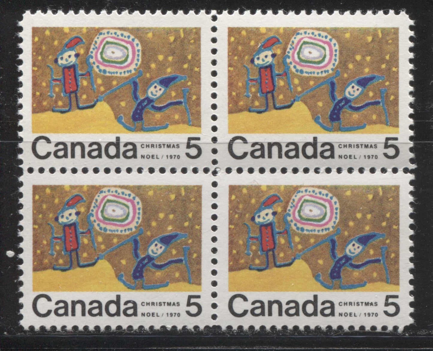 Lot 112 Canada #522i 5c Multicoloured Children Skiing, 1970 Christmas Issue, a VFNH Centre Block of 4 on HB11 Smooth Paper, With Dot Between "MA" of "Christmas" on LR Stamp, Perf. 11.9