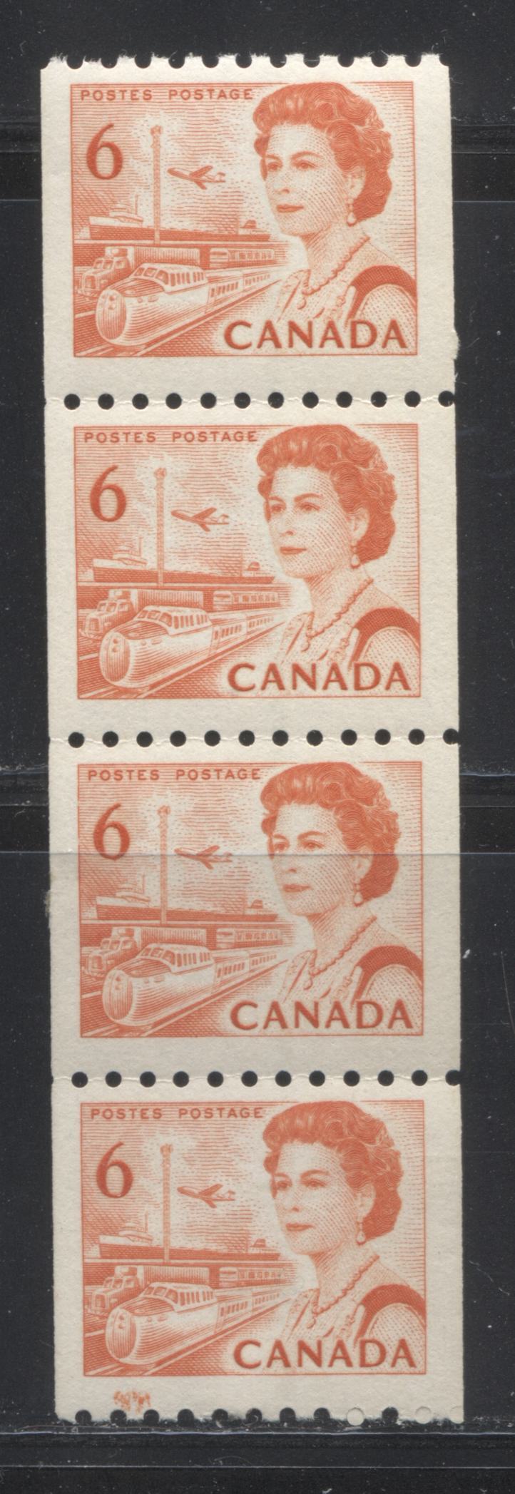 Lot 112 Canada #468A 6c Orange Transportation, 1967-1973 Centennial Definitive Issue, A VFNH/DG Coil Strip Of 4 On DF Grayish Paper With Dex Gum, Ink Smudge On 4th Stamp, Small Gum disturbance on 3rd Stamp