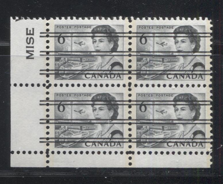 Lot 114 Canada #460fpxxii 6c Black Queen Elizabeth II, 1967-1973 Centennial Issue, A VFNH LL 3mm GT2 Tagged Precanceled Block Of 4 On MF Ribbed Paper With PVA Gum, Die 1a