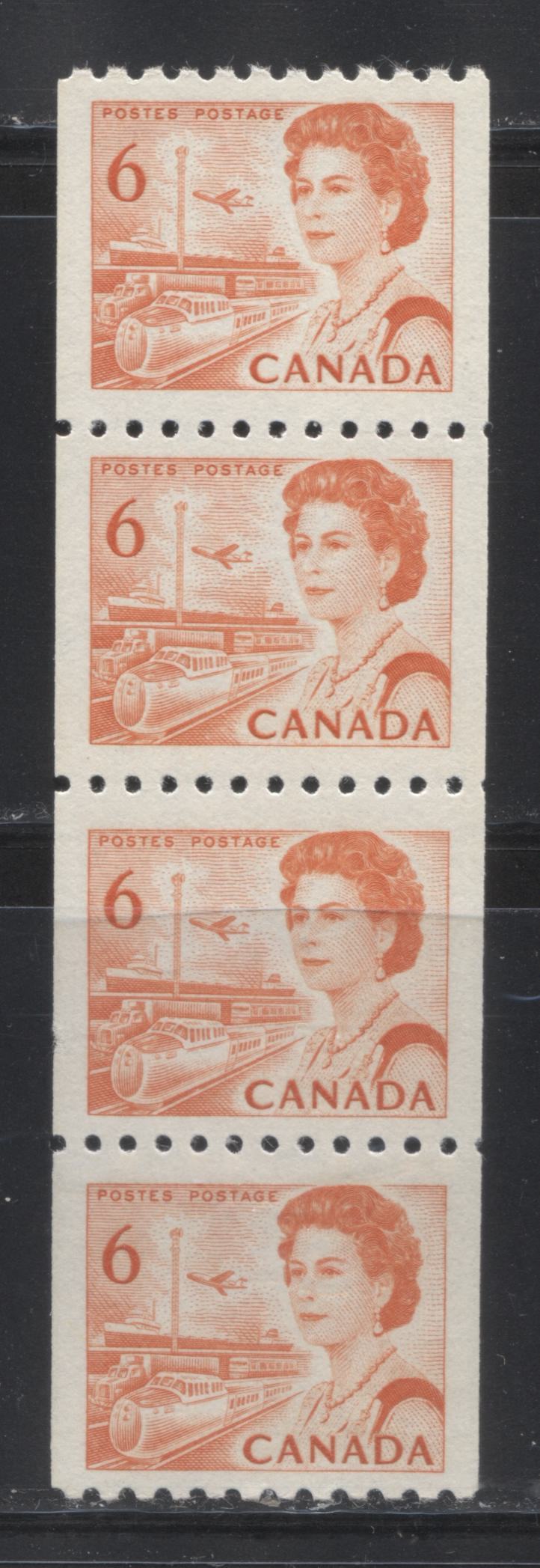 Lot 115 Canada #468A 6c Orange Transportation, 1967-1973 Centennial Definitive Issue, A VFNH Coil Strip Of 4 On NF Paper With Dex Gum, Wide Spacing