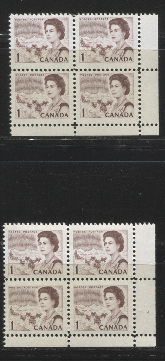 Lot #115 Canada #454ii 1c Chocolate, Northern Lights and Dogsled Team, 1967-1973 Centennial Issue, Fine NH and VFNH LR Corner Blocks on Two Different Hibrite Papers
