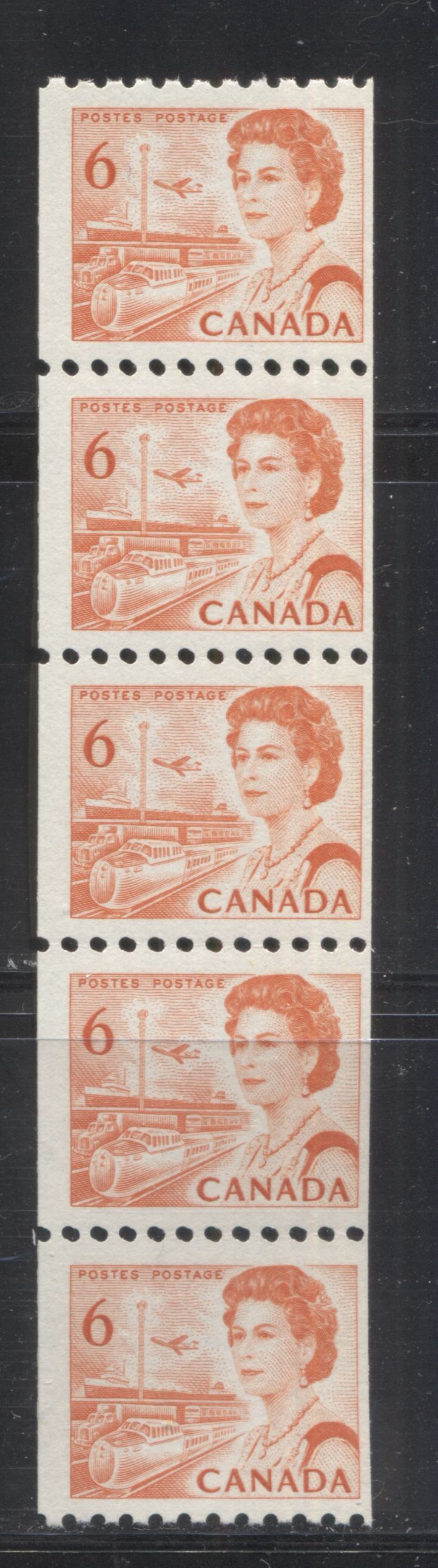 Lot 116 Canada #468A 6c Orange Transportation, 1967-1973 Centennial Definitive Issue, A VFNH Coil Strip Of 5 On DF Grayish Paper With Dex Gum, Double Perfs