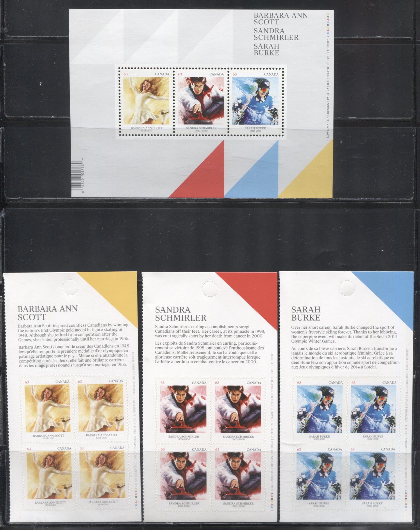 Lot 116 Canada #2704-2707 2014 Winter Sports Pioneers A VFNH Souvenir Sheet and Booklet Panes of 4 on LF TRC Paper